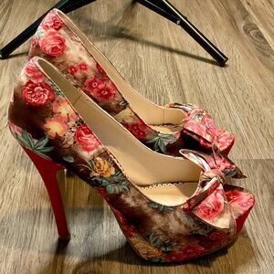 ANNA Five Inch Platform Floral Print Velvet Stilletos Heels Open Toe Bow Size 10